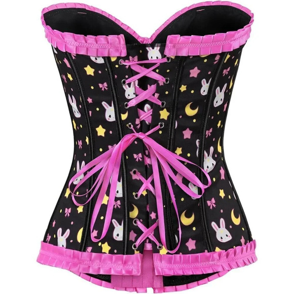 Women's Lace Up Boned Black and Pink Overbust Corset Bustier Bodyshaper Top - Picture 5 of 6